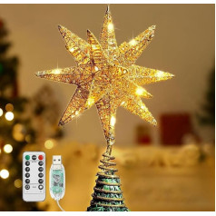 Lewondr Star Tree Topper, Battery Powered 3D Geometric Star Decorative LED Lights Beautiful Star Lighting with Springy Base for Holiday Xmas Tradition Moravian Tree Christmas Decor