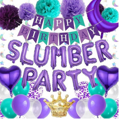 Slumber Birthday Party Supplies Mädchen - Lila Happy Birthday Banner Luftballons Set mit Papier-Pompons, hängende Girlanden für Nachtübernachtung Pyjama Party Dekorationen