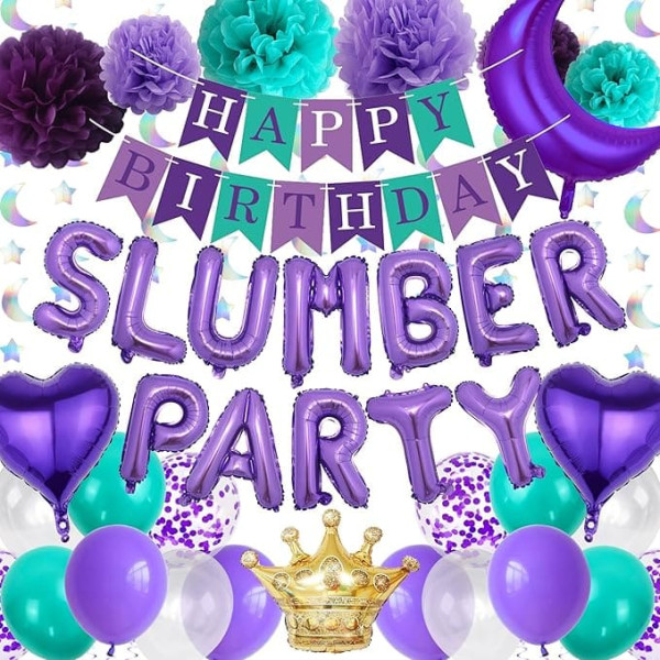 Slumber Birthday Party Supplies Mädchen - Lila Happy Birthday Banner Luftballons Set mit Papier-Pompons, hängende Girlanden für Nachtübernachtung Pyjama Party Dekorationen