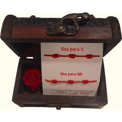 Genérico Couple Gift Red Eternal Rose and 7 Knot Bracelets Vintage Wooden Box Bracelets Couple Amulet Love Box with Red Thread and Eternal Rose Bracelet Red