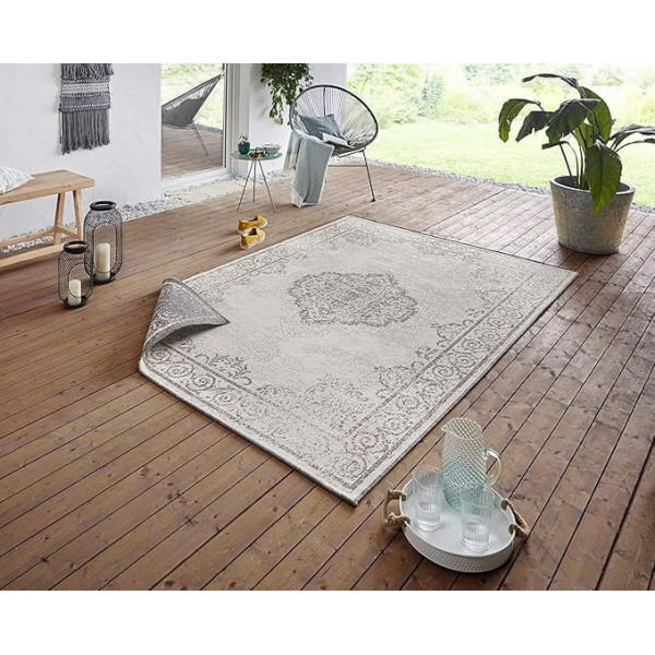 NORTHRUGS Cebu Indoor and Outdoor Rug 160 x 230 cm - Reversible Rug Weatherproof Oriental Vintage Design Runner for Balcony Patio Garden Conservatory Living Room Rug Waterproof in Grey Cream