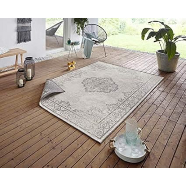 NORTHRUGS Cebu Indoor and Outdoor Rug 160 x 230 cm - Reversible Rug Weatherproof Oriental Vintage Design Runner for Balcony Patio Garden Conservatory Living Room Rug Waterproof in Grey Cream