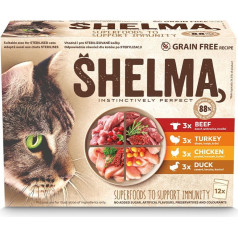 Shelma maisiņš - pilnvērtīga barība pieaugušiem kaķiem bez graudaugiem. ar vistas, liellopa, tītara, pīles gaļu 12x 85g