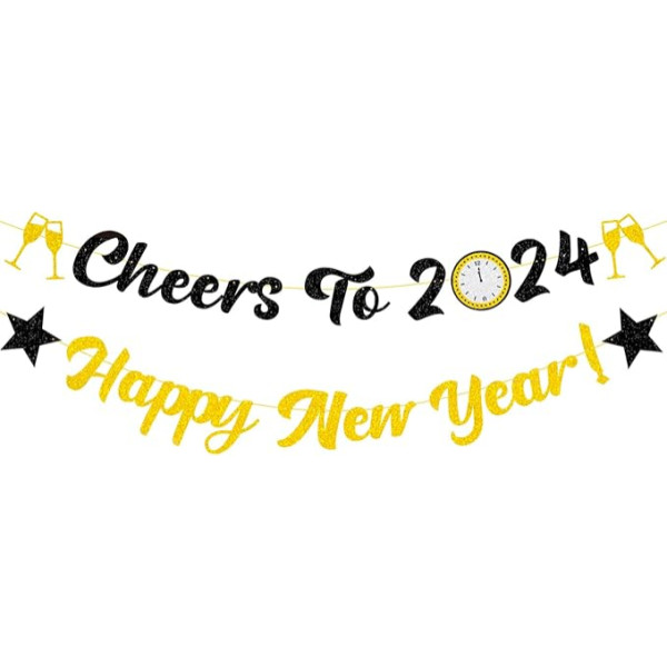 Elicola Happy New Year with Cheers to 2023 Banner Bunting New Year's Eve Black Gold Glitter Background for Party Decorations