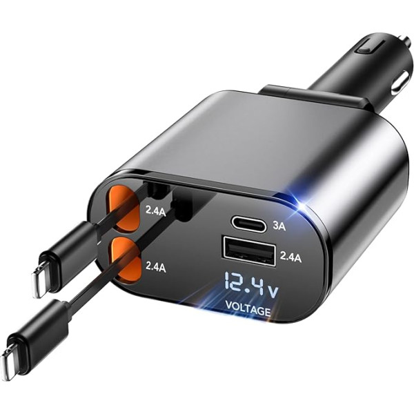 Aimtel Retractable Car Charger 66 W Cigarette Lighter USB Adapter 2 Retractable Apple Charging Cables and 2 USB Ports Car Charger Compatible with iPhone 14/14 Pro/14 Pro Max/13/12/11/XS/XR