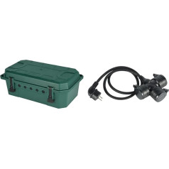 Electraline 300180 Waterproof Protective Box for Electrical Connections, Green & 55095 Construction Site Extension Cable 1 m, Cable H07RN-F3G1.5 with 3-Way Rubber Coupling IP44 for Outdoor Use, Black