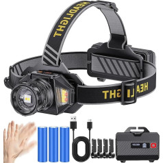 KZK Headlamp LED Rechargeable Super Bright 250,000 Lumen Zoomable 3 Light Sources (White/Yellow/Red Light Source) Head Torch with 12 Modes, IP67 Waterproof, 90° Adjustable Sensor Headlamp for Camping