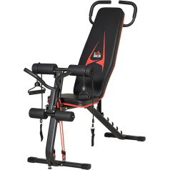 HOMCOM Weight Bench Adjustable Training Bench with Elastic Rope Sit Up Bench for Home Training 6 Levels Backrest Slope Weight up to 150 kg Steel Faux Leather Black + Red 145 x 49 x 57-127 cm