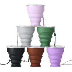 XSEXO Pack of 6 Foldable Travel Cups with Lid, Silicone, Foldable, Expandable, Reusable, Suitable for Camping and Hiking