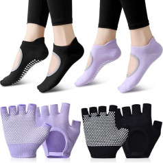 FHUIEWRY 2 Paar rutschfeste Yoga-Handschuhe, Socken-Set, fingerlose Fitness-Handschuhe und Pilates-Socken, Silikon-Socken, Sporthandschuhe für Fitness, Übung, hängendes Yoga, Crossfit, Radfahren