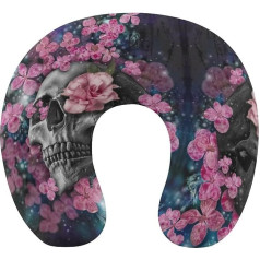 JZemdybill Reisekissen, Totenkopf-Blumen-Nackenkissen für Reisen, Memory-Schaum, tragbares Stützkissen, Schlafkissen