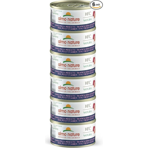 Almo Nature HFC Natural Megapack, Nassnahrung für Katzen - Thunfisch, Huhn und Schinken (6 Dosen x 70g)