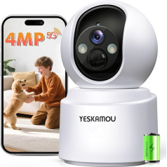 YESKAMOU 2.5K 4MP Wireless Surveillance Camera Indoor Battery, 360° WiFi Camera, 2.4/5 GHz WiFi, Colour Night Vision, Motion Detection, Two-Way Audio, for Baby/Pets/Home
