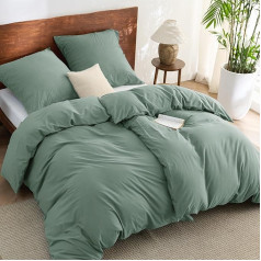 BEDSURE Bed Linen 135 x 200 cm Cotton 4-Piece Bed Linen Sets Sage Green Duvet Cover Set of 2 with 2 Pillowcases 80 x 80 cm, Similar Texture to Washed Linen, Oeko-Tex Bedding Green with Zip