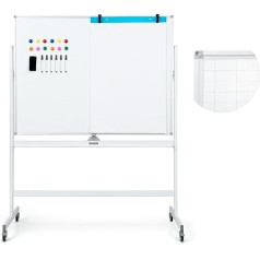 FANTASK Double Sided Mobile Whiteboard, 120 x 90 cm, Dry Erase Magnetic Whiteboard with Grid Pattern, Wheels, Stand and Pen Tray, Includes Accessories for Office, Home (White)