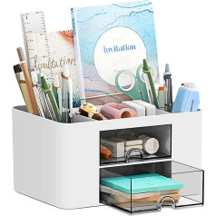 PAMIYO Desk Organiser, 7 Compartments, Plastic Office Organiser, Multifunctional Pen Holder, Desk with Drawer, Plastic Table Organiser, Pen Holder for Office, Home, School (White)