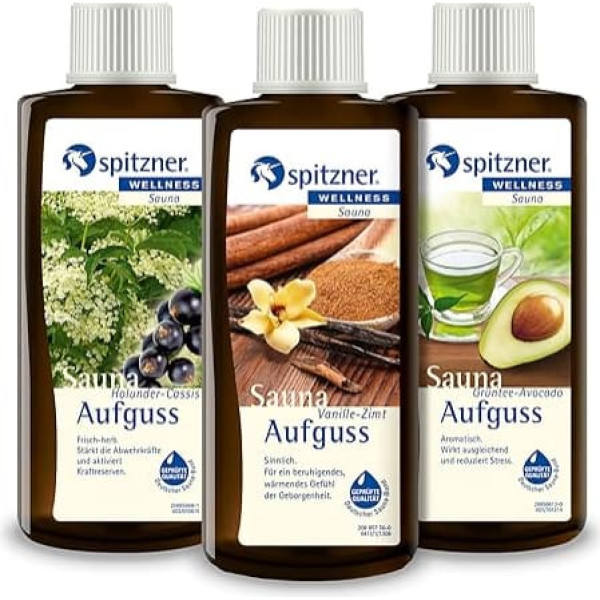 Spitzner Sauna Infusion Set in Gift Box Gourmet and Connoisseur: Vanilla Cinnamon, Elderberry Cassis and Green Tea Avocado (3 x 190 ml)