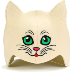 Natural Textile Sauna Hat 'Sauna Kitten Green' White - 100% Organic Wool Felt Hats - Protect Your Head from Heat - English Sauna E-Book Manual Included - with Embroidery