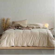 Lanqinglv Flannel Fleece Bed Linen 220 x 240 cm Beige Plush Fluffy Winter Bed Linen Warm Cashmere Touch Flannelette Plain Duvet Cover with Zip and 2 Pillowcases 80 x 80 cm