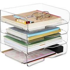 Purilit design 4 Pieces Storage Basket for A4, Plastic Document Tray, A4 Paper Tray for Home, Office, School, Stackable Desk Organiser, Letter Basket, Letter Tray for Files