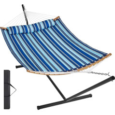 VEVOR Hammock for 2 Person Double Hammock with Curved Spreader Bar Removable Cushion and Portable Carry Bag Outdoor Hammock Load Capacity 200kg Blue White Stripes Quilted
