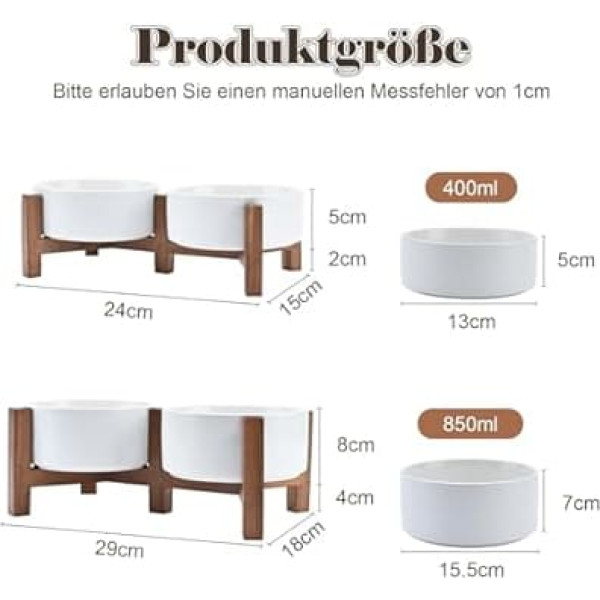 SPUNKYJUNKY Dog Bowl Ceramic Double Dog Feeding Bowl Raised Bowl with Acacia Wood Stand for Cats and Dogs (850 ml, White)