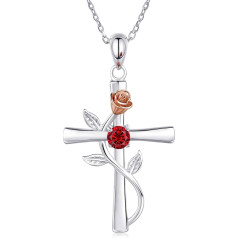 BlingGem Cross Chains for Women 925 Sterling Silver Birthstone Necklace Rose Pendant 5A Cubic Zirconia 12 Months Anniversary Birthday Mother's Day Gift for Women Mother