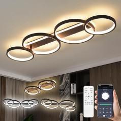 LED Ceiling Lamp, Dimmable Ceiling Light with Remote Control App, Adjustable Ring Shape Living Room Lamp 4 Bulbs Chandelier Lamp, 48 W 3000-6500 K Ceiling Lighting for Bedroom Living Room, Black, 86