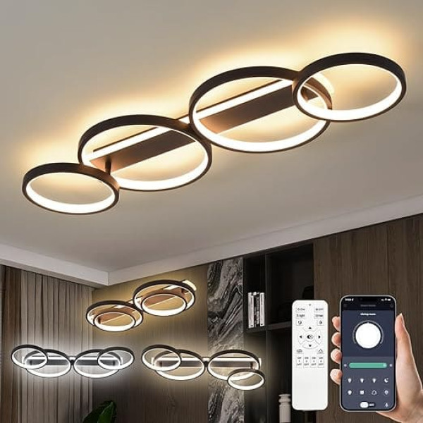 LED Ceiling Lamp, Dimmable Ceiling Light with Remote Control App, Adjustable Ring Shape Living Room Lamp 4 Bulbs Chandelier Lamp, 48 W 3000-6500 K Ceiling Lighting for Bedroom Living Room, Black, 86