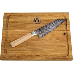 KAI Shun Classic White Kiritsuke Knife 14 cm - Limited to 5555 Pieces - Damask Utility Knife with Light Pakka Wood Handle + Handmade Solid Oak Chopping Board 30 x 22 cm - Elegant Knife Set