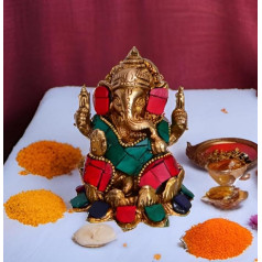 Purpledip Ganesha Statue (Seated on Lotus Flower) in Antique Style: Designed on Brass with Coloured Gemstones (10529)