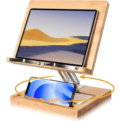 wishacc Adjustable Book Stand for Reading, 360 Degree Book Holder, Hands-Free with Phone Holder and File Organiser, Foldable Desk Risers for Laptop, Recipe Textbook, Cookbook Stand