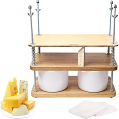 Wooden Cheese Press for Cheese Making 40cm Natural Oak 18mm Thick Cheese Set with Wooden Cheese Press and 2 Cheese Moulds 1.8L Cheesecloth, Feathers and Measuring Scale Included