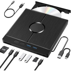 Dictien External CD DVD Drive, USB 3.0 Type-C Portable CD DVD Burner +/-RW External with USB/SD/TF Card Reader Portable for PC Laptop, Desktop, MacBook, Win11/10/8/7/XP, Linux, Mac OS, Vista