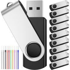 FEBNISCTE 2 GB USB Stick Pack of 10 Memory Sticks - Foldable USB 2.0 Memory Sticks 2 GB USB Flash Drive Data Storage - Pendrive Black Flash Drive for Friends with Pack of 10 Colourful Ribbons
