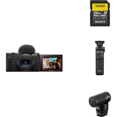 Sony ZV-1II Vlog Camera, Digital Camera (Wide Angle Zoom Lens, Adjustable Display for Vlogging, 4K Video) + Bluetooth Handgrip & Microphone & SD Card