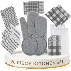 LANE LINEN Kitchen Towels and Dish Towels, 20 Pieces, Kitchen Utensils for New Home, Heat Resistant Oven Mitts and Pot Holders, Absorbent Flour Sack, Dish Towels, Grey