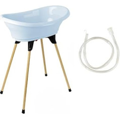THERMOBABY - Baby Bath Set - Vasco - Bathtub, Wooden Stand & Drain Hose - Foldable & Stable - Can Hold a Bath Lounger - Made in France - Blue Flower