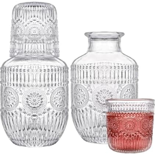 Kingrol Glass Bedside Carafe and Tumbler Set of 4, 18oz Water Jug & 5oz Cup, Elegant Bedside Carafe with Glass Lid for Bedroom, Guest Room, Office and Bathroom