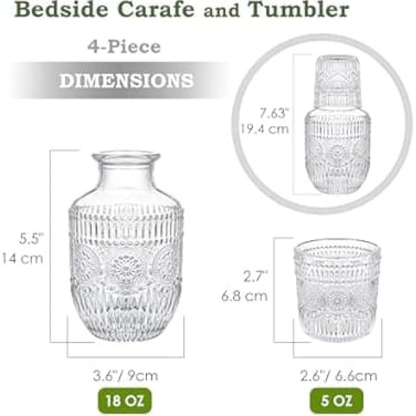 Kingrol Glass Bedside Carafe and Tumbler Set of 4, 18oz Water Jug & 5oz Cup, Elegant Bedside Carafe with Glass Lid for Bedroom, Guest Room, Office and Bathroom