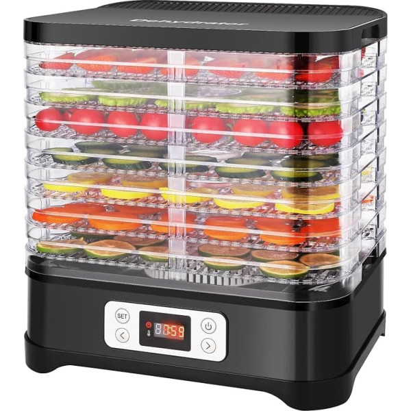 MEYKEY Dehydrator for Food, 8 Compartments, Dehydrator for Vegetables, Fruits, Meat, Adjustable Temperature 35-70 °C, 400 W, Black, Stainless Steel
