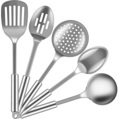 5 Pieces Kitchen Utensils Set, Heat Resistant Stainless Steel Spoons, Spatula Set with Hanging Hole, Non-Stick Kitchen Utensils, Kitchen Utensils Set, Dishwasher Safe for Cooking