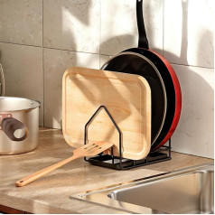 PAVSTINE Pot Lid Holder with Drip Tray, Lid Holder Drawer, Spoon Rest Kitchen Organiser for Pot Lids from 16-34 cm, Chopping Board Storage for Kitchen, Pot Lid Holder, Black