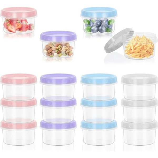 Fentar Pack of 16 Small Tins with Lids, Plastic, Colourful Snack Cans, Reusable Leak-Proof Freezer Containers, Small, Plastic Containers for Lunch, Yogurt, Fruit (250 ml)