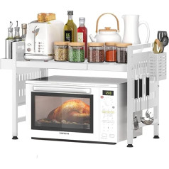 Shally Dogan Extendable Microwave Steel Shelf with Shelf Organizer with Spice Rack and Cutlery Holder for Kitchen Cabinet with Non-Slip Feet (White)