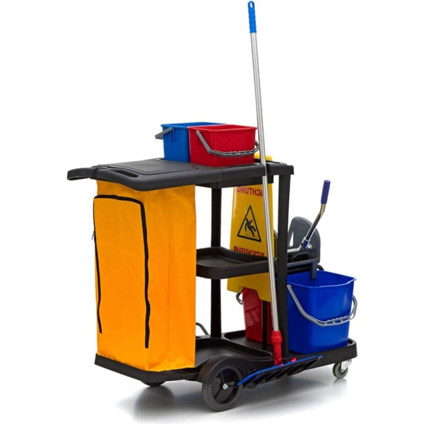 Wisch-Star Plastic Cleaning Trolley with Press, 2 x 25 Litre Buckets, 2 x 6 Litre Buckets, Tray, Warning Sign and 120 Litre Bin Bag Holder