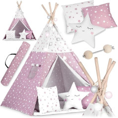 NUKIDO Montessori Style Children's Teepee Cotton and Wooden Frame with Insulation Mat 3 Cushions Garland Airy 120 x 120 x 165 cm Pink with Stars
