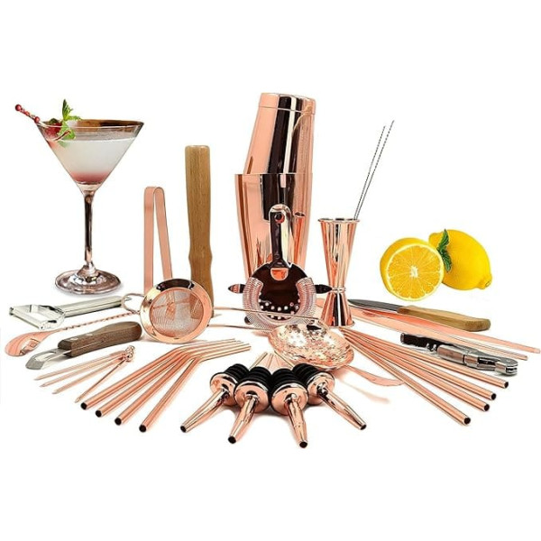 Sky Fish Cocktail Shaker Set | 32 Piece Boston Shaker Set | Premium Bartender Set for Home and Bar | Bartender Mix Set Professional | Rose Gold | Hand Wash