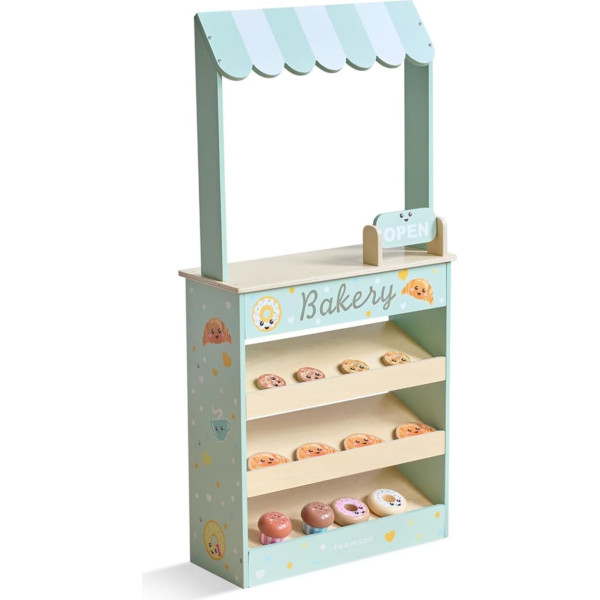 Teamson Kids Jolly Pals Holz-Bäckereistand mit 12 Backwaren, Lernspielzeug für Kinder, Kompakter Rollenspiel-Laden zur Förderung von Fantasie & Soziales