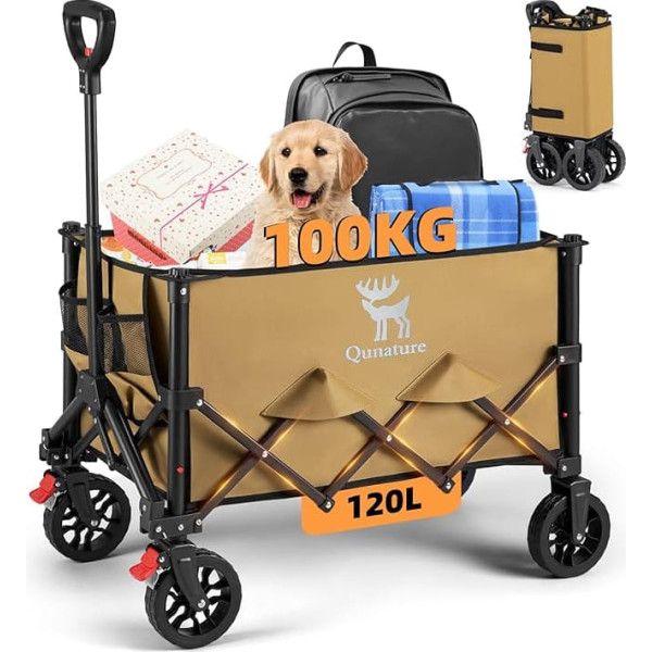 Qunature Foldable Handcart with Brake, 120L 360° Hand Trolley, Garden Trolley, Beach Trolley with Removable Washable Fabric, Folding Transport Trolley for Camping, Beach, Shopping, Khaki